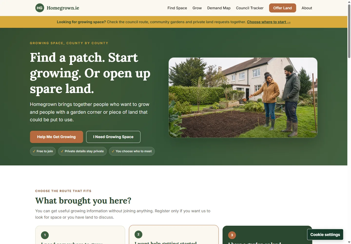 Homegrown homepage showing its Irish growing-space introduction service.