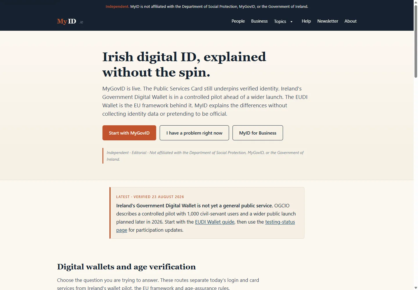 MyID homepage stating that it is an independent Irish digital identity guide.