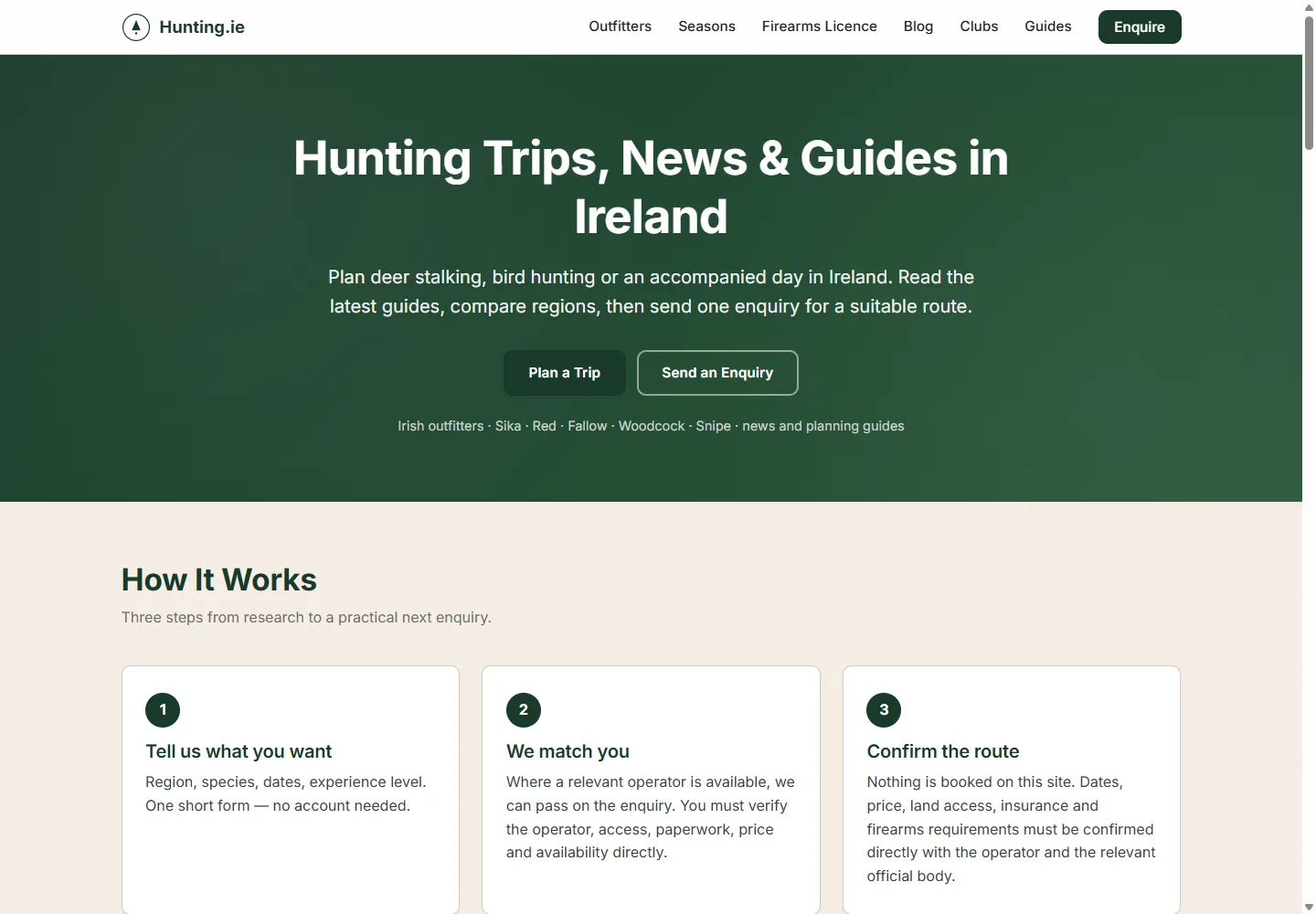Hunting homepage showing its Irish trip-planning directory and enquiry route.